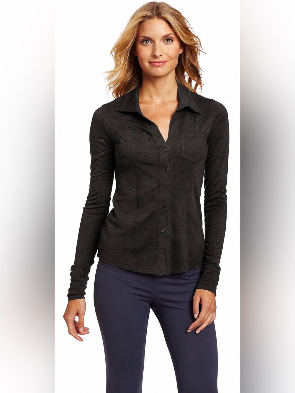 prAna Wool Blend Luna Button Down Top Heathered Black Women Size L